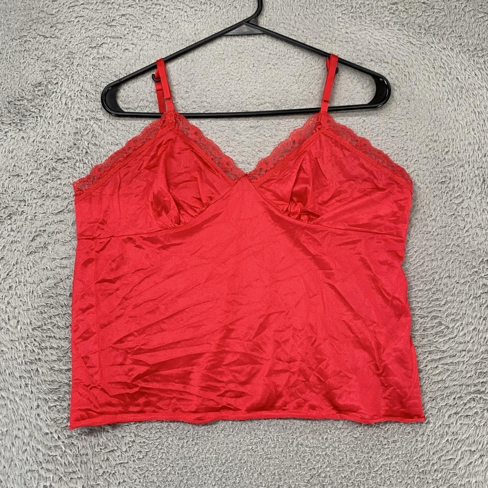 Y2K Babydoll Cami Tank Top Womens 38 Red Satin Lace Trim Lingerie Coquette